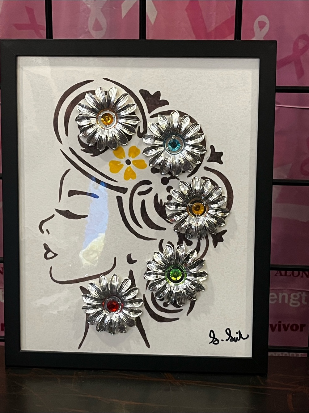 Hand Crafted Silver Floral Head Profile Wall Art with Multicolor Gems - Picture 10 of 11